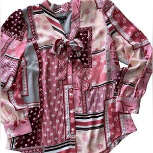 Talbots Tie Neck Button Up Top Sz S P Pink Burgundy Floral Patchwork Blouse